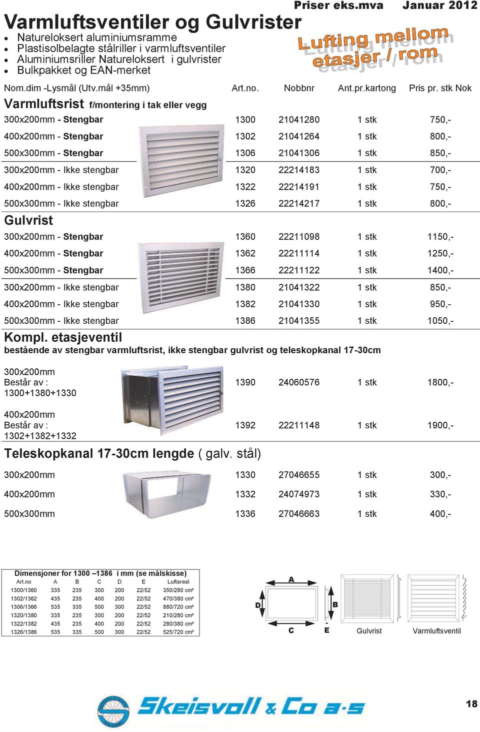 stk Nok Varmluftsrist f/montering i tak eller vegg 300x200mm - Stengbar 1300 21041280 1 stk 750,- 400x200mm - Stengbar 1302 21041264 1 stk 800,- 500x300mm - Stengbar 1306 21041306 1 stk 850,-