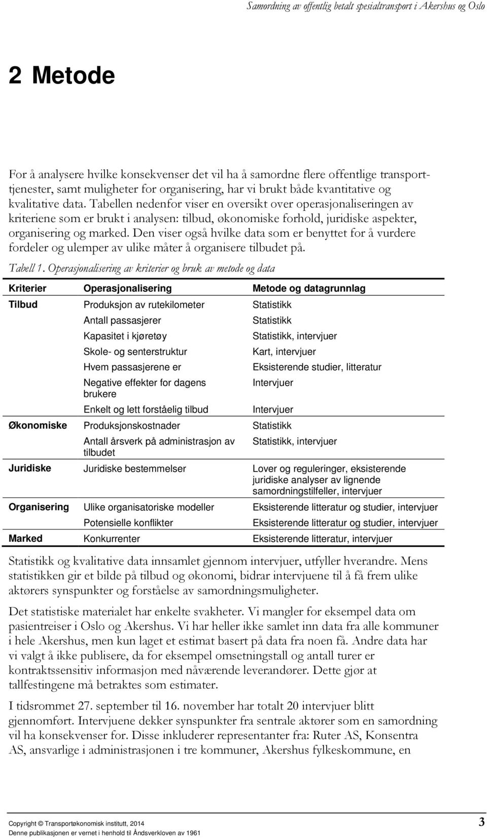 Tabellen nedenfor viser en oversikt over operasjonaliseringen av kriteriene som er brukt i analysen: tilbud, økonomiske forhold, juridiske aspekter, organisering og marked.