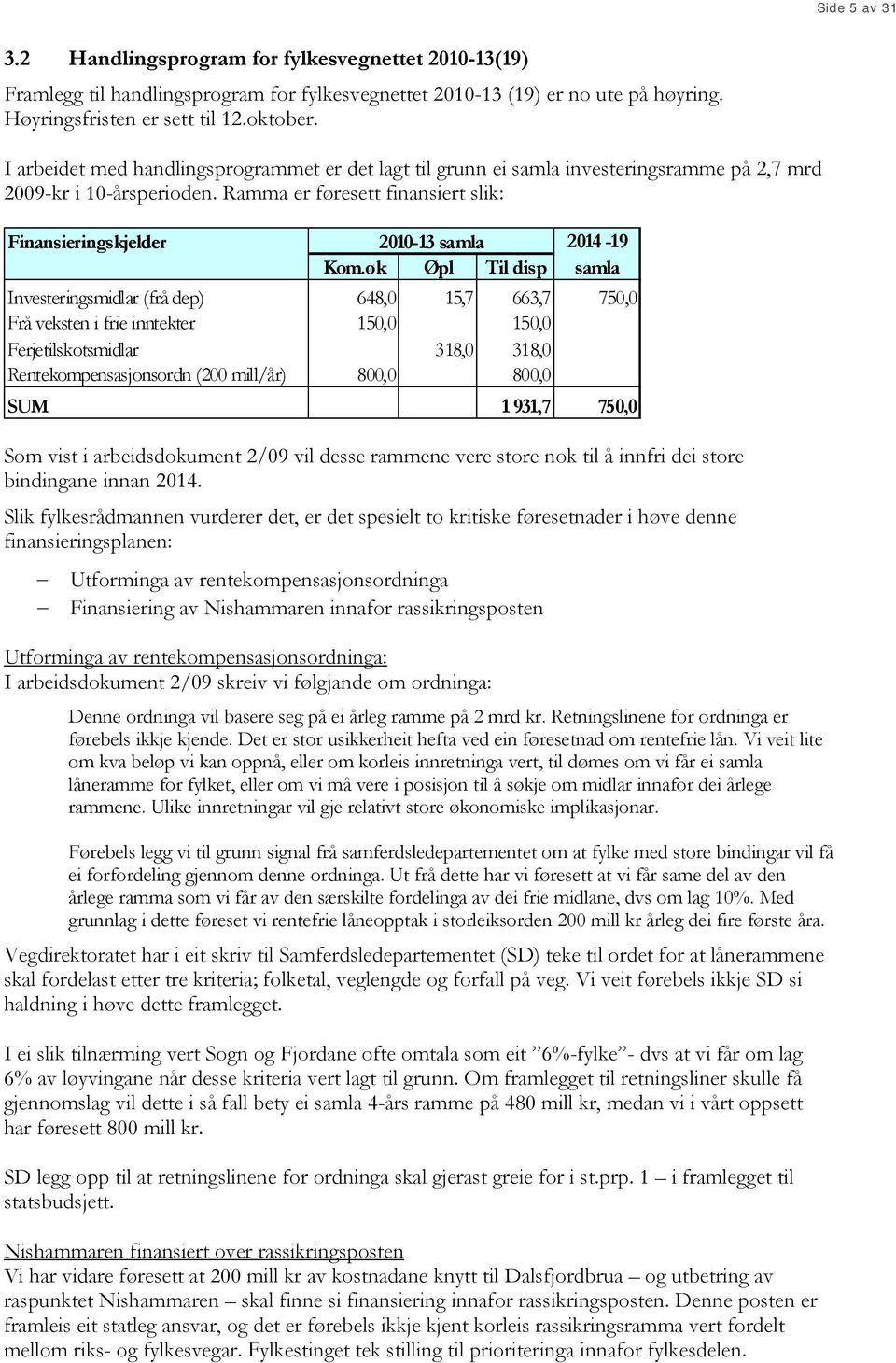 Ramma er føresett finansiert slik: Finansieringskjelder 2010-13 samla 2014-19 Kom.