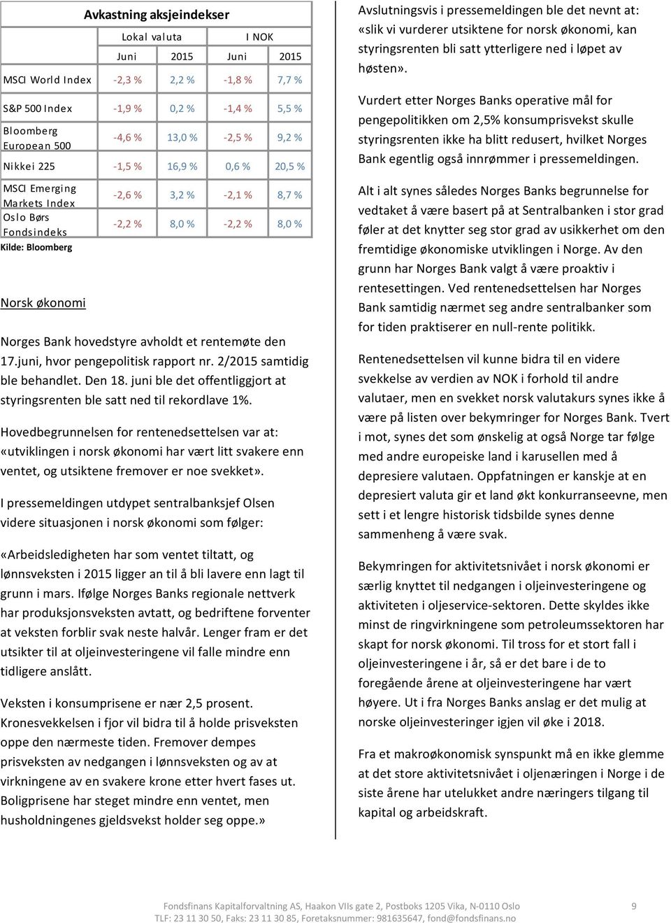 rentemøte den 17.juni, hvor pengepolitisk rapport nr. 2/2015 samtidig ble behandlet. Den 18. juni ble det offentliggjort at styringsrenten ble satt ned til rekordlave 1%.