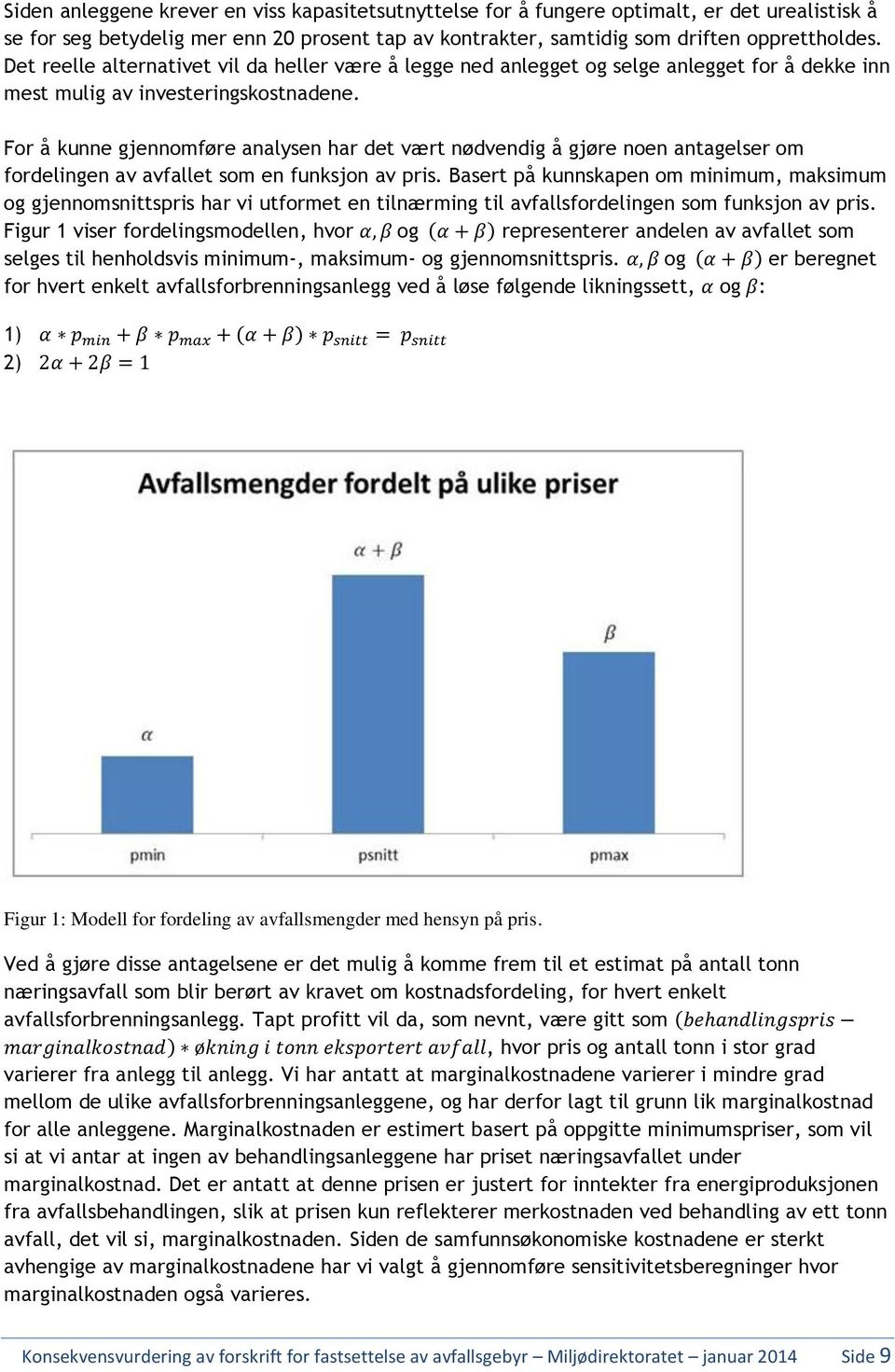 For å kunne gjennomføre analysen har det vært nødvendig å gjøre noen antagelser om fordelingen av avfallet som en funksjon av pris.