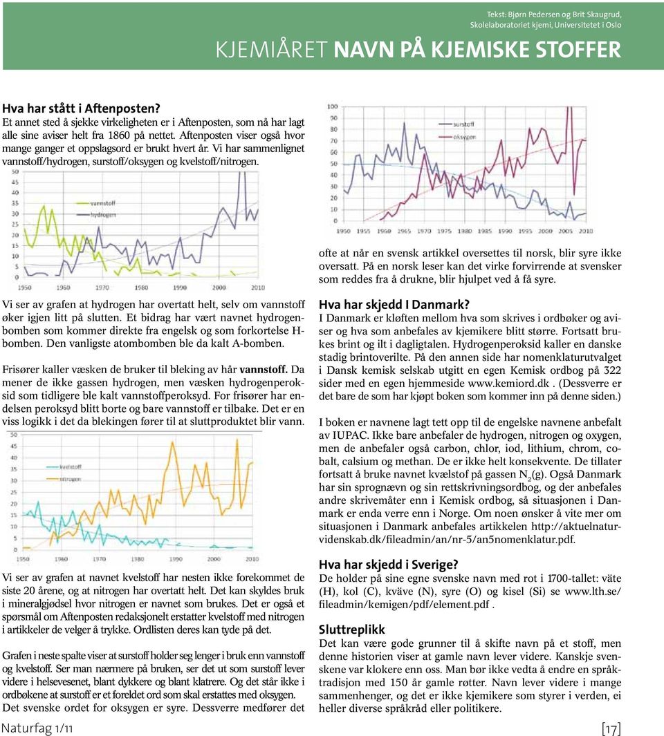 Vi har sammenlignet vannstoff/hydrogen, surstoff/oksygen og kvelstoff/nitrogen. ofte at når en svensk artikkel oversettes til norsk, blir syre ikke oversatt.