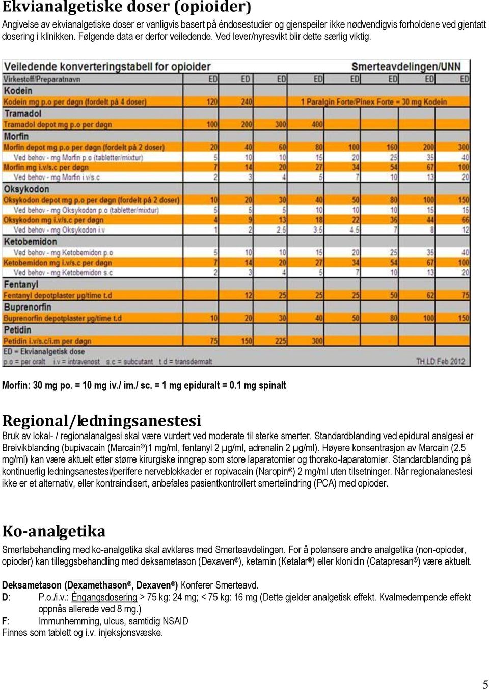 1 mg spinalt Regional/ledningsanestesi Bruk av lokal- / regionalanalgesi skal være vurdert ved moderate til sterke smerter.