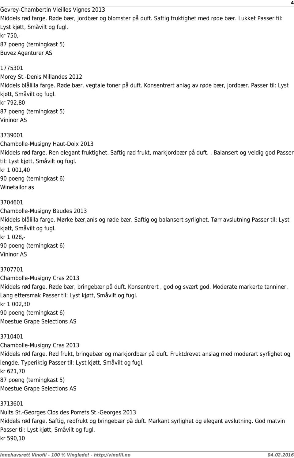 Passer til: Lyst kjøtt, Småvilt og fugl. kr 792,80 87 (terningkast 5) Vininor AS 3739001 Chambolle-Musigny Haut-Doix 2013 Middels rød farge. Ren elegant fruktighet.