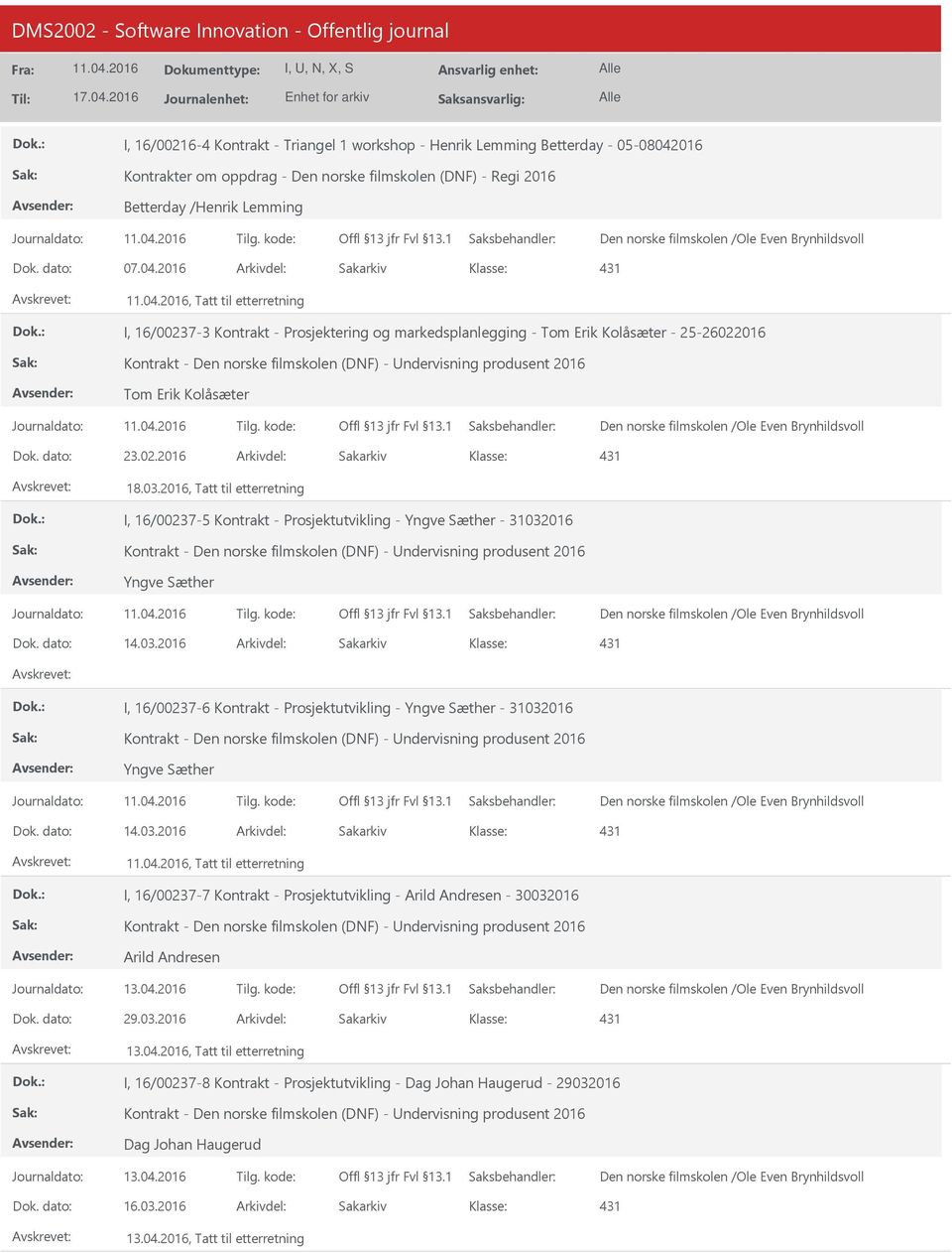 2016 Arkivdel: Sakarkiv, Tatt til etterretning I, 16/00237-3 Kontrakt - Prosjektering og markedsplanlegging - Tom Erik Kolåsæter - 25-26022016 Kontrakt - Den norske filmskolen (DNF) - ndervisning