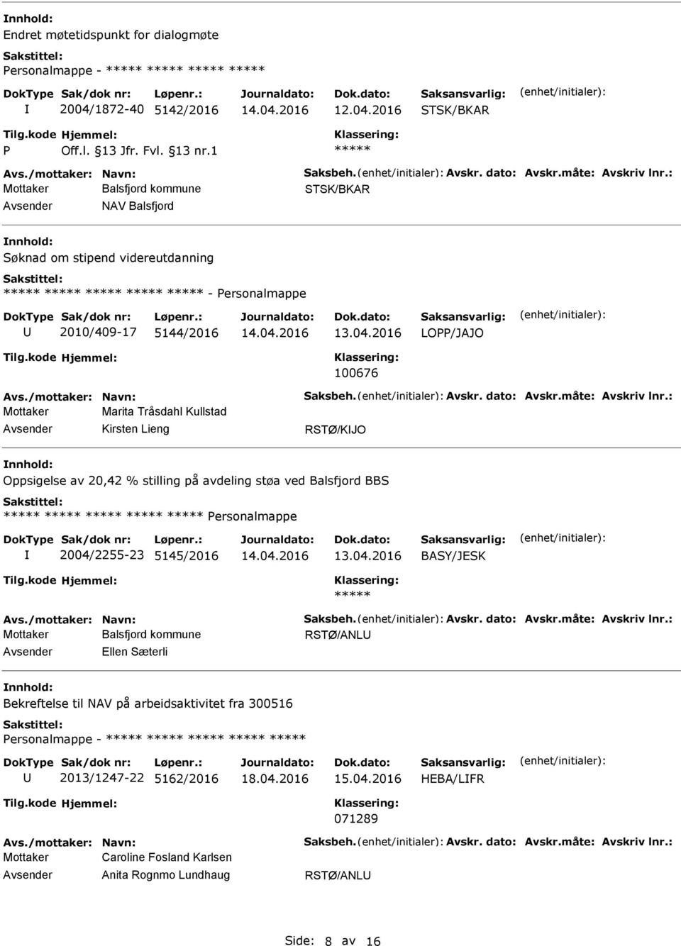 2016 LO/JAJO 100676 Mottaker Marita Tråsdahl Kullstad Kirsten Lieng RSTØ/KJO Oppsigelse av 20,42 % stilling på avdeling støa ved Balsfjord BBS