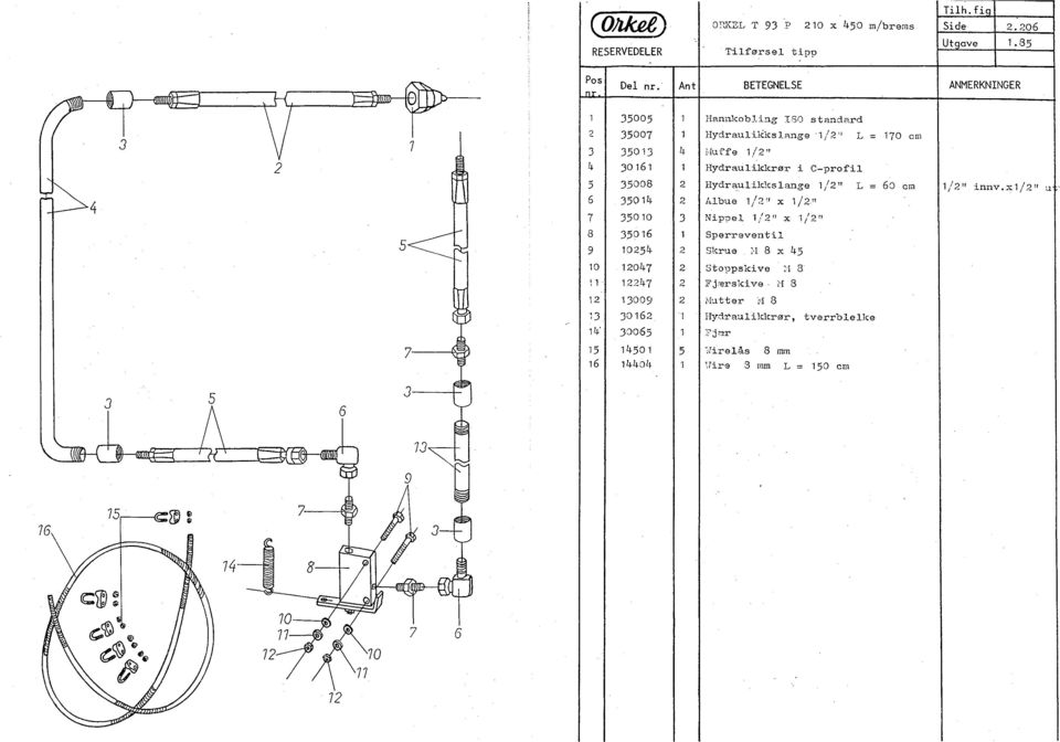2 ' L = 170 cm 7 3 35013 4 Huffe 1/2" 4 30161 1 Hydraulikkrør i C-profil 5 35008 2 Hydraulilckslange 1/2" L = 60 cm 1/2" innv.x1/2" u 6 35014 2 Albue 1/2" x 1/2.