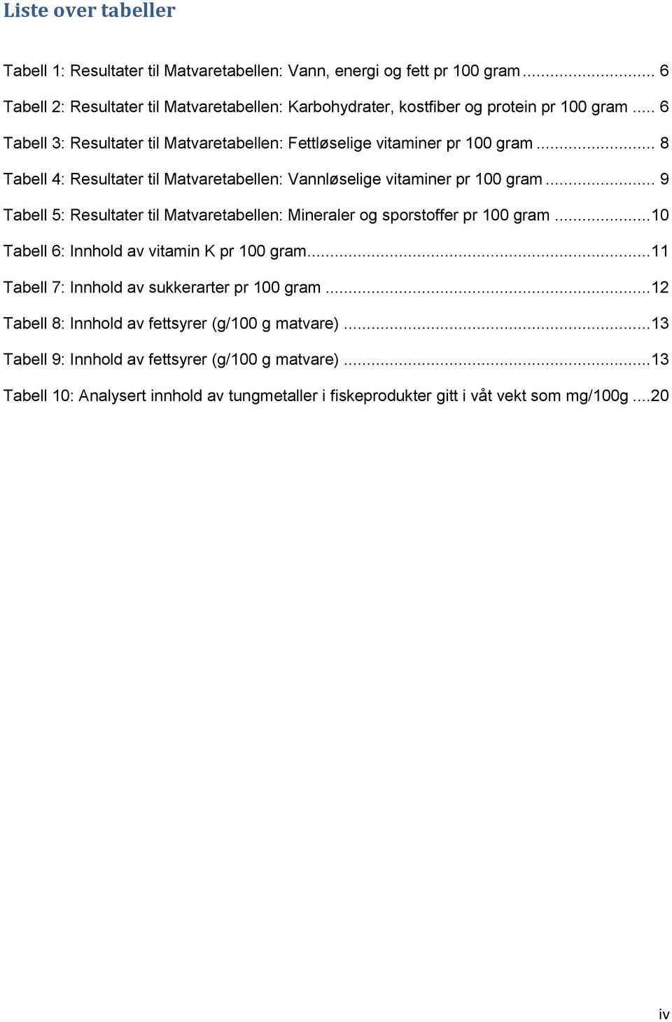 .. 8 Tabell 4: Resultater til Matvaretabellen: Vannløselige vitaminer pr 100 gram... 9 Tabell 5: Resultater til Matvaretabellen: Mineraler og sporstoffer pr 100 gram.