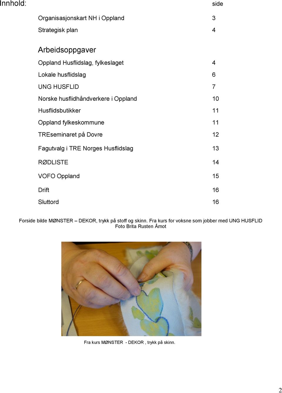 Dovre 12 Fagutvalg i TRE Norges Husflidslag 13 RØDLISTE 14 VOFO Oppland 15 Drift 16 Sluttord 16 Forside bilde MØNSTER DEKOR,