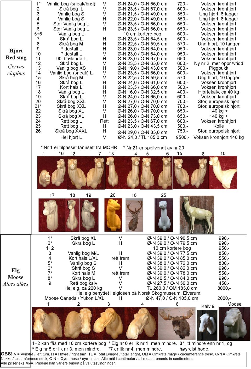 / O-N 66,0 cm 650,- Voksen kronhjort 5+6 Vanlig bog L 10 cm kortere bog 600,- Voksen kronhjort 7 Skrå bog L H Ø-N 23,5 / O-N 64,5 cm 600,- Voksen kronhjort 8 Skrå bog M H Ø-N 22,5 / O-N 59,5 cm 570,-