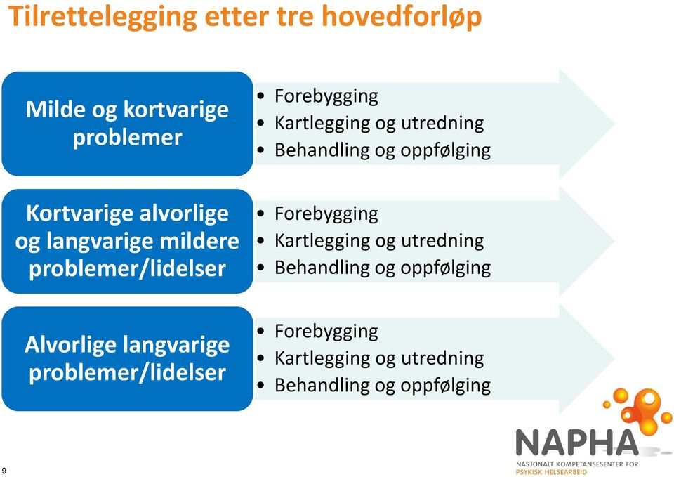 mildere problemer/lidelser Forebygging Kartlegging og utredning Behandling og oppfølging