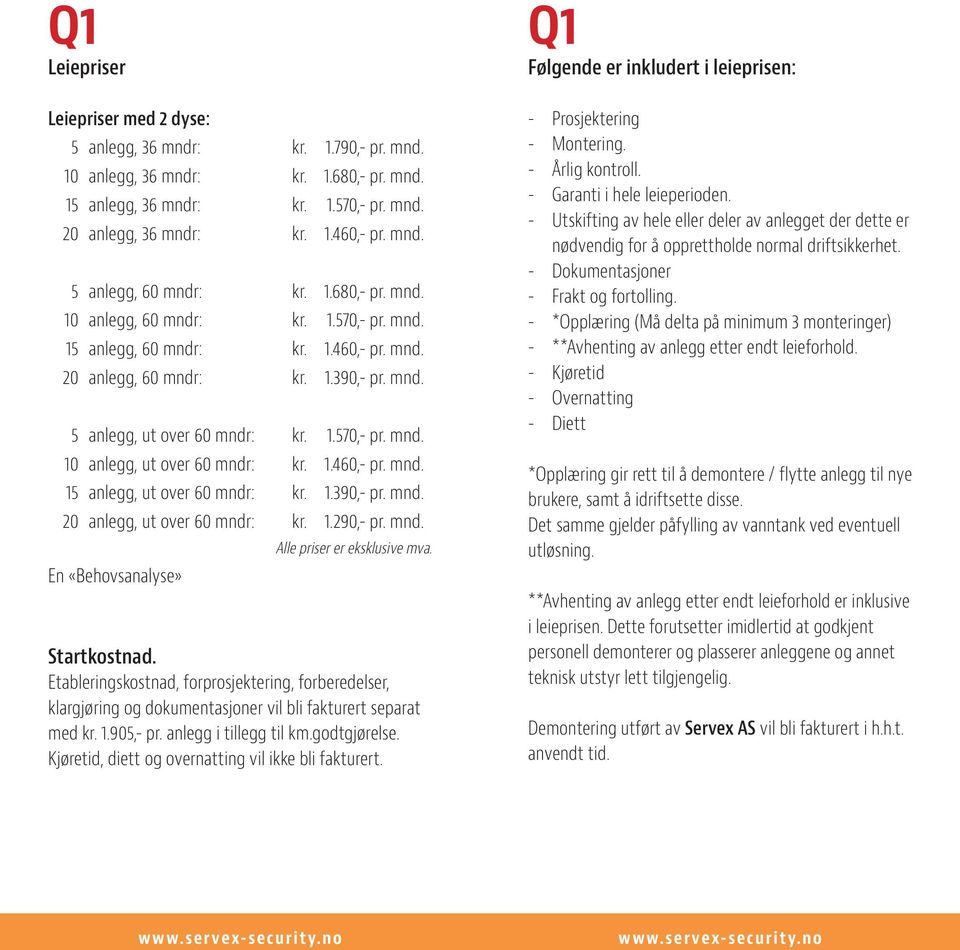 1.460,- pr. mnd. 15 anlegg, ut over 60 mndr: kr. 1.390,- pr. mnd. 20 anlegg, ut over 60 mndr: kr. 1.290,- pr. mnd. En «Behovsanalyse» Alle priser er eksklusive mva. Startkostnad.