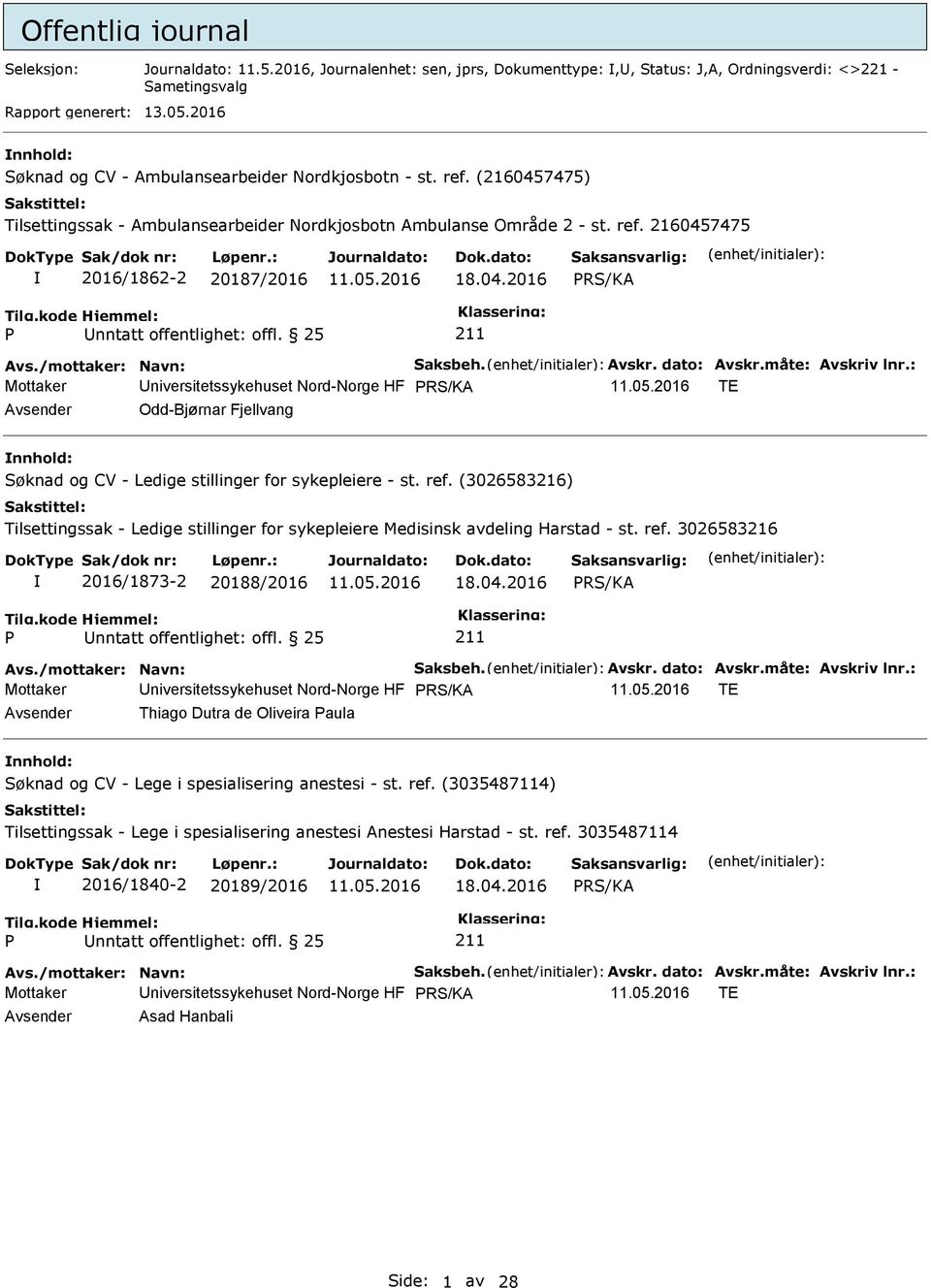 04.2016 Mottaker Universitetssykehuset Nord-Norge HF TE Avsender Odd-Bjørnar Fjellvang nnhold: 2016/1873-2 20188/2016 18.04.2016 Mottaker Universitetssykehuset Nord-Norge HF TE Avsender Thiago Dutra de Oliveira aula nnhold: 2016/1840-2 20189/2016 18.