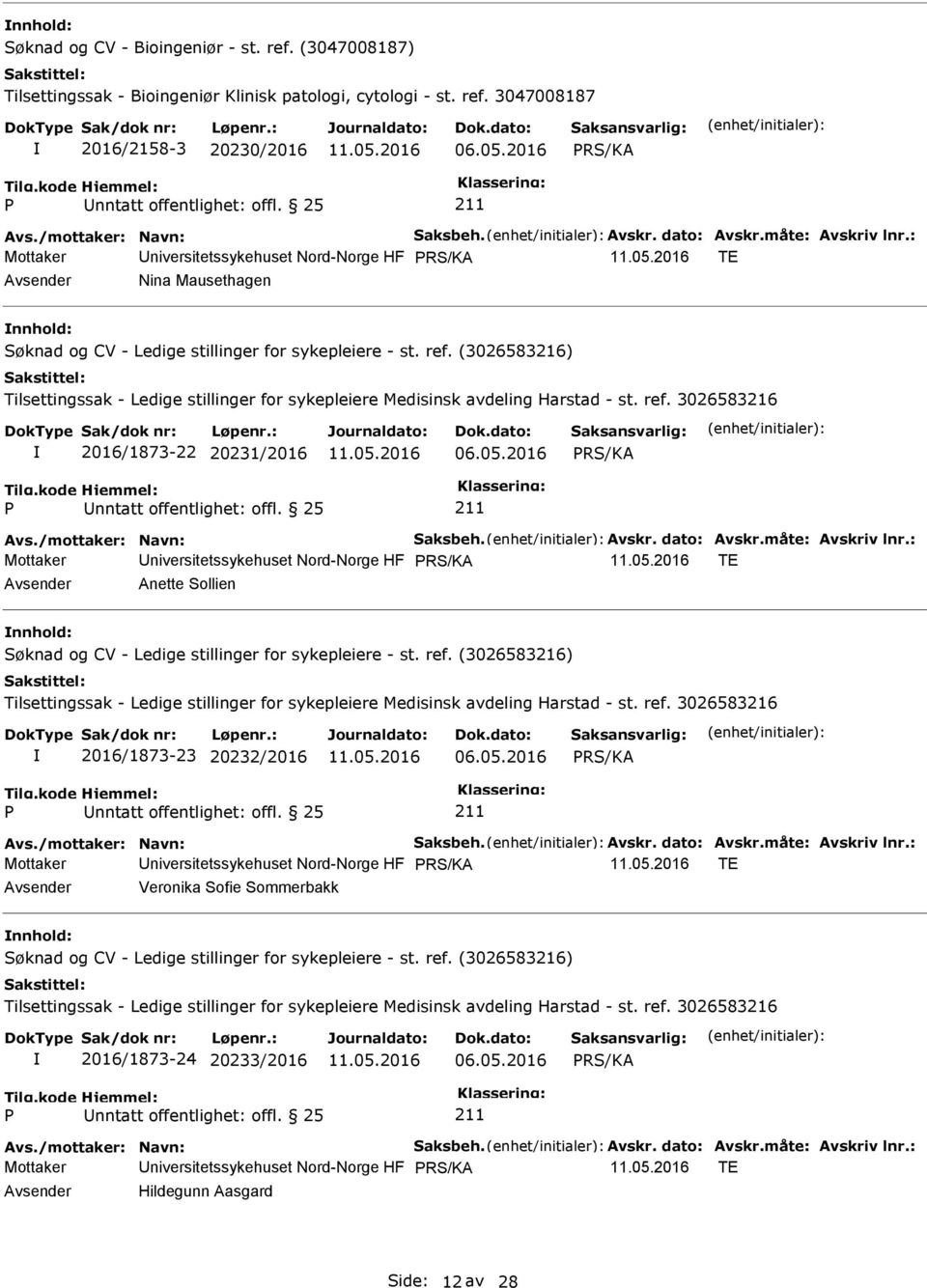 05.2016 Mottaker Universitetssykehuset Nord-Norge HF TE Avsender Veronika Sofie Sommerbakk nnhold: 2016/1873-24 20233/2016 06.05.2016 Mottaker Universitetssykehuset Nord-Norge HF TE Avsender Hildegunn Aasgard Side: 12 av 28