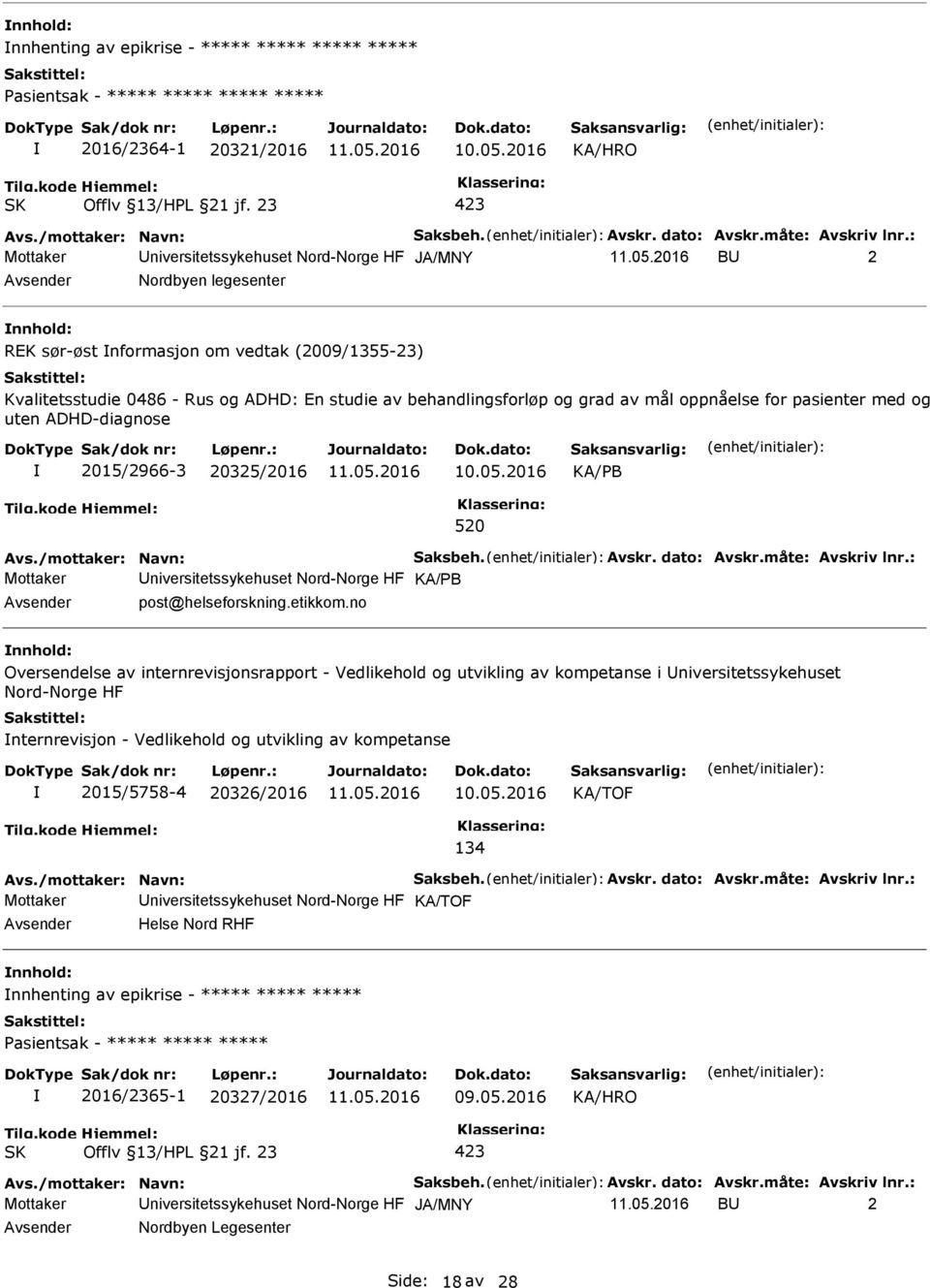 behandlingsforløp og grad av mål oppnåelse for pasienter med og uten ADHD-diagnose 2015/2966-3 20325/2016 KA/B 520 Mottaker Universitetssykehuset Nord-Norge HF KA/B Avsender post@helseforskning.