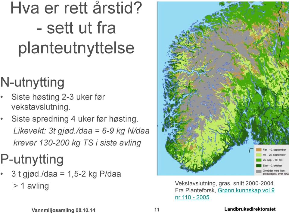 Siste spredning 4 uker før høsting. Likevekt: 3t gjød.