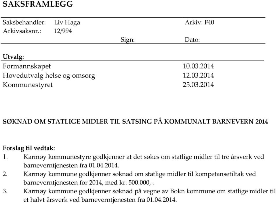 Karmøy kommunestyre godkjenner at det søkes om statlige midler til tre årsverk ved barneverntjenesten fra 01.04.2014. 2.