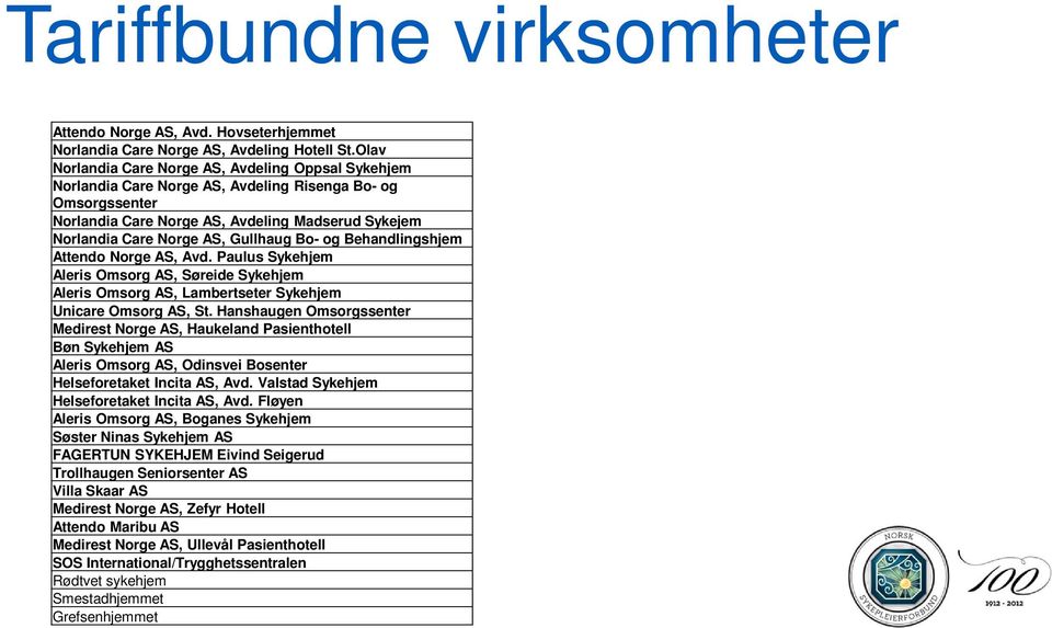 Gullhaug Bo- og Behandlingshjem Attendo Norge AS, Avd. Paulus Sykehjem Aleris Omsorg AS, Søreide Sykehjem Aleris Omsorg AS, Lambertseter Sykehjem Unicare Omsorg AS, St.