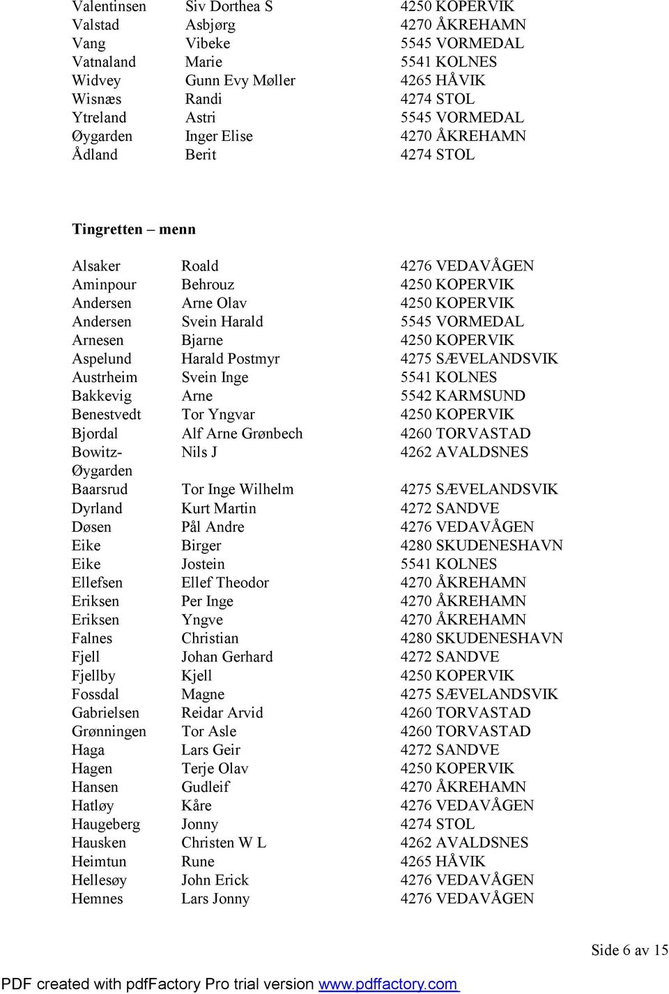 5545VORMEDAL Arnesen Bjarne 4250KOPERVIK Aspelund Harald Postmyr 4275SÆVELANDSVIK Austrheim Svein Inge 5541KOLNES Bakkevig Arne 5542KARMSUND Benestvedt Tor Yngvar 4250KOPERVIK Bjordal Alf Arne