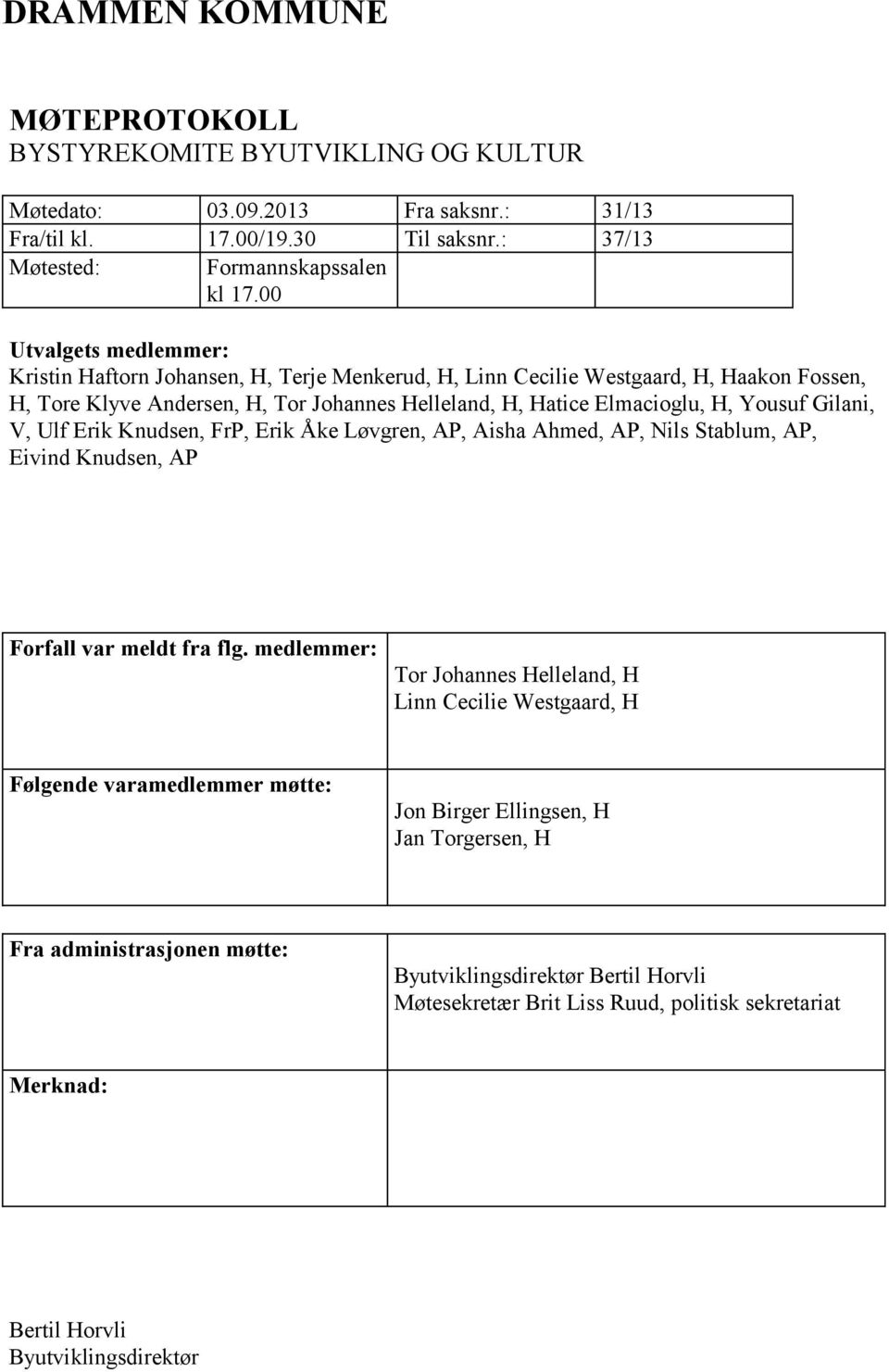 Gilani, V, Ulf Erik Knudsen, FrP, Erik Åke Løvgren, AP, Aisha Ahmed, AP, Nils Stablum, AP, Eivind Knudsen, AP Forfall var meldt fra flg.