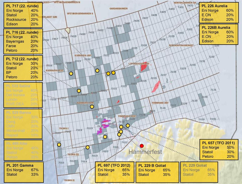 runde) Eni Norge 30% Statoil 20% BP 20% PL 533 Salina Eni Norge 40% Det Norske 20% Lundin 20% RWE-DEA 20% PL 529 Bønna Eni Norge 30% Dong 20% OMV 20% Wintershall 20%