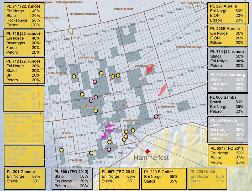 40% Statoil 40% Hammerfest PL 226 Aurelia Eni Norge 60% E.ON 20% Edison 20% PL 226B Aurelia Eni Norge 60% E.ON 20% Edison 20% PL 714 (22. runde) Statoil 50% Eni Norge 30% PL 532 J.