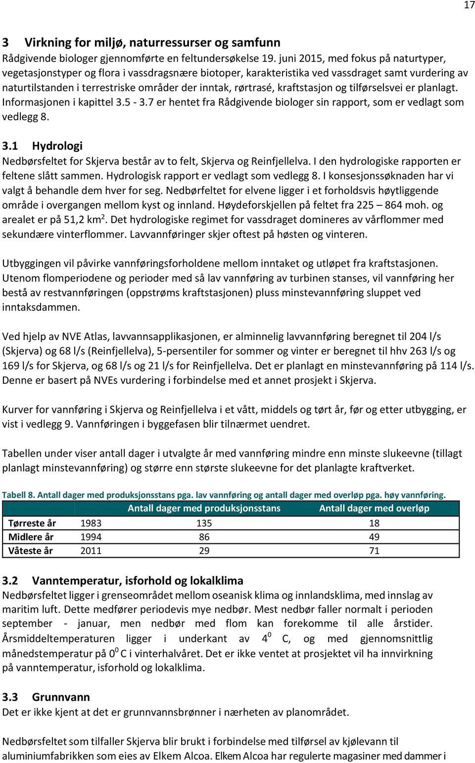 kraftstasjon og tilførselsvei er planlagt. Informasjonen i kapittel 3.5 3.7 er hentet fra Rådgivende biologer sin rapport, som er vedlagt som vedlegg 8. 3.1 Hydrologi Nedbørsfeltet for Skjerva består av to felt, Skjerva og Reinfjellelva.