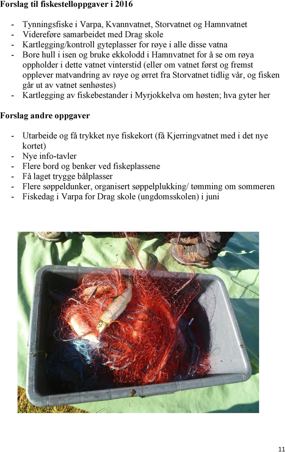 tidlig vår, og fisken går ut av vatnet senhøstes) - Kartlegging av fiskebestander i Myrjokkelva om høsten; hva gyter her Forslag andre oppgaver - Utarbeide og få trykket nye fiskekort (få