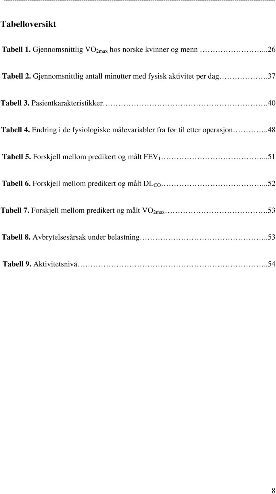 Endring i de fysiologiske målevariabler fra før til etter operasjon..48 Tabell 5. Forskjell mellom predikert og målt FEV 1.