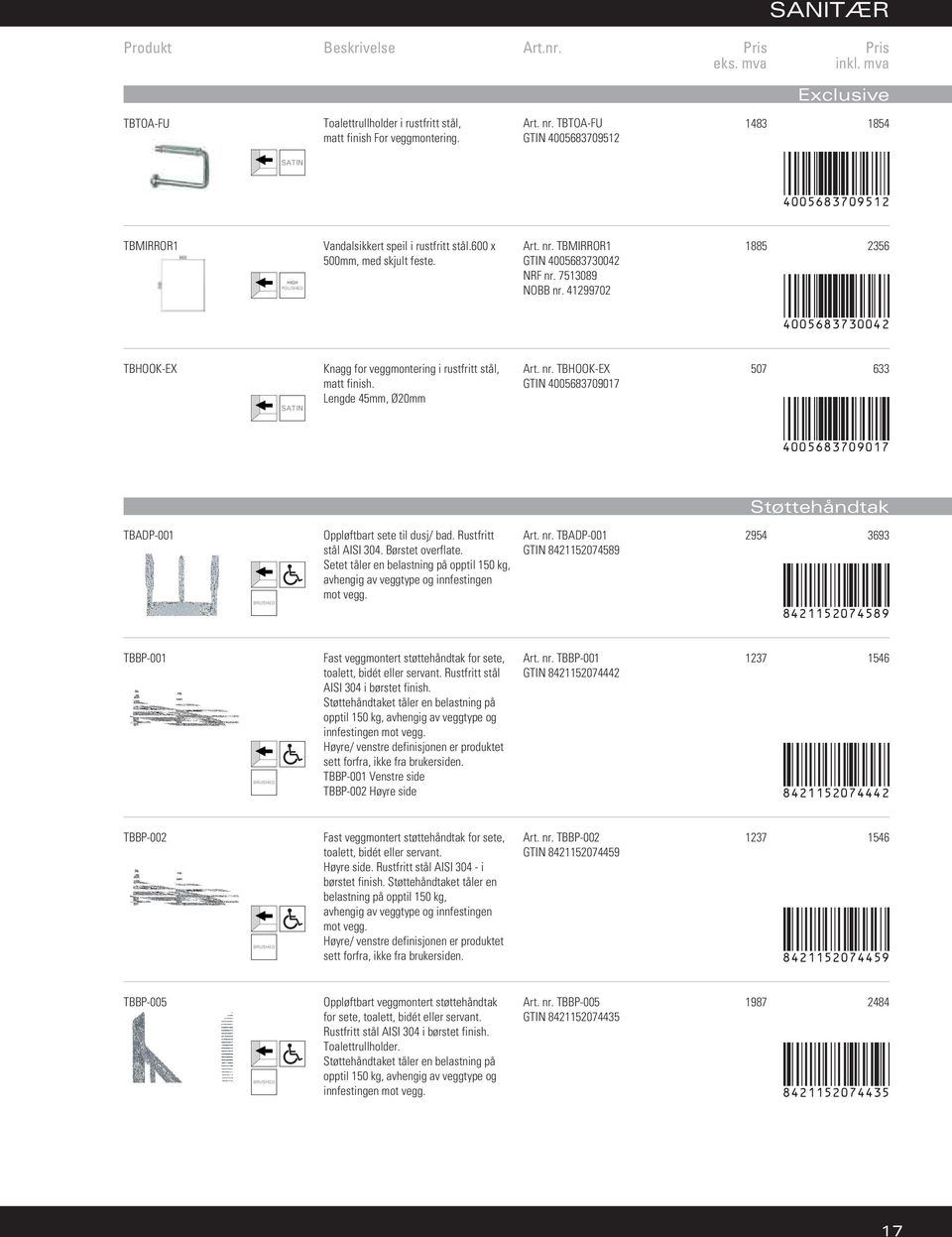 Lengde 45mm, Ø20mm Art. nr. TBHOOK-EX GTIN 4005683709017 507 633 4005683709017 Støttehåndtak TBADP-001 Oppløftbart sete til dusj/ bad. Rustfritt stål AISI 304. Børstet overflate.