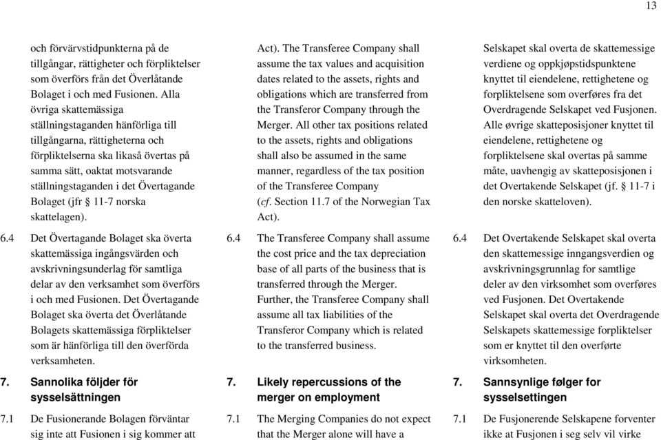 Bolaget (jfr 11-7 norska skattelagen). 6.4 Det Övertagande Bolaget ska överta skattemässiga ingångsvärden och avskrivningsunderlag för samtliga delar av den verksamhet som överförs i och med Fusionen.