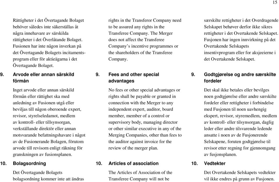 Arvode eller annan särskild förmån Inget arvode eller annan särskild förmån eller rättighet ska med anledning av Fusionen utgå eller beviljas till någon oberoende expert, revisor, styrelseledamot,