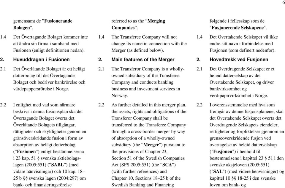 Main features of the Merger 2.