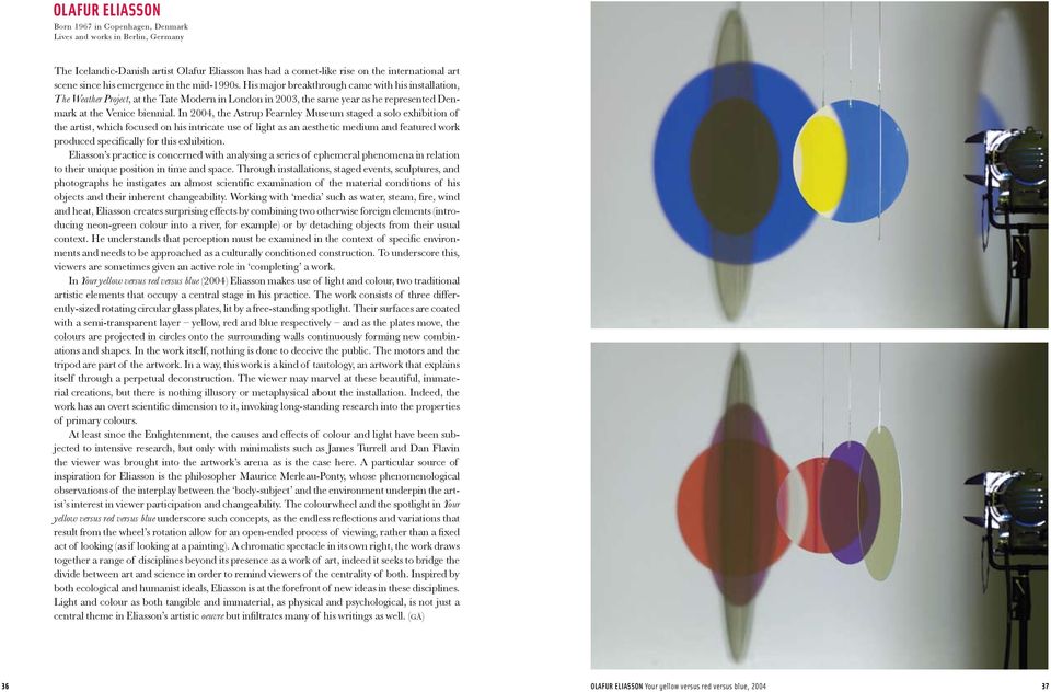 His major breakthrough came with his installation, The Weather Project, at the Tate Modern in London in 2003, the same year as he represented Denmark at the Venice biennial.