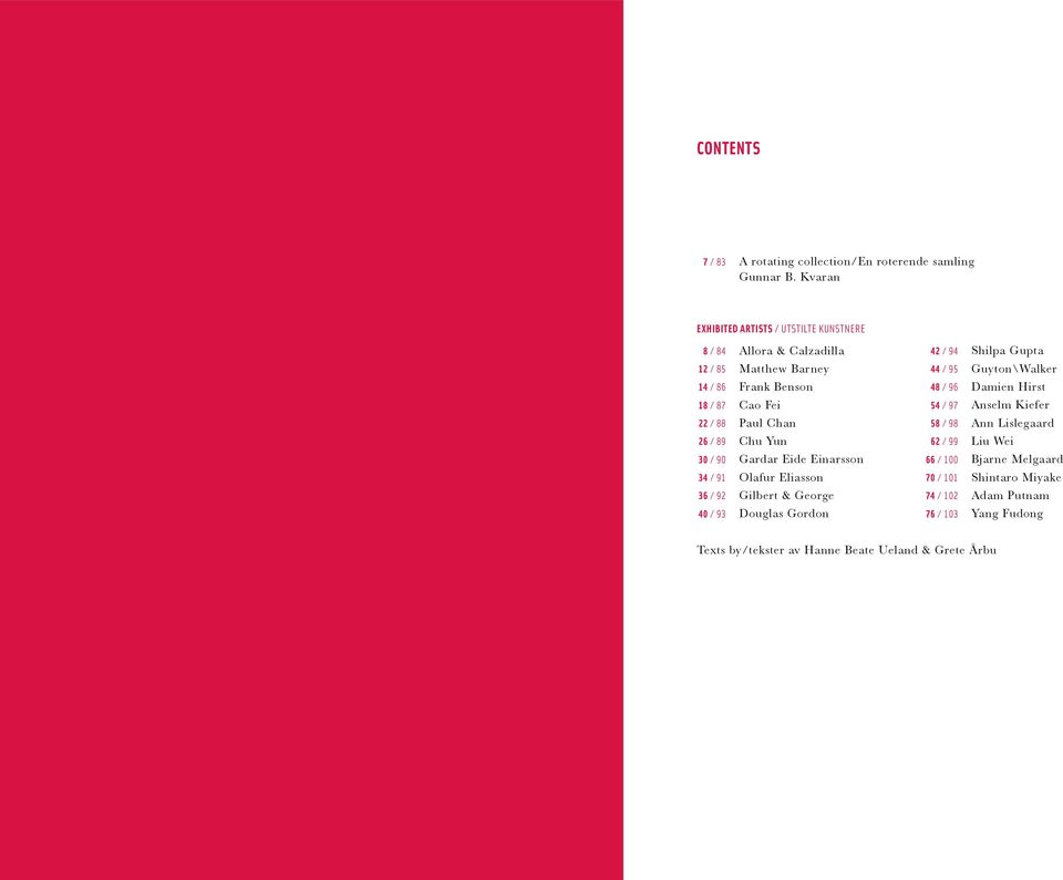 Frank Benson 48 / 96 Damien Hirst 18 / 87 Cao Fei 54 / 97 Anselm Kiefer 22 / 88 Paul Chan 58 / 98 Ann Lislegaard 26 / 89 Chu Yun 62 / 99 Liu Wei 30 /