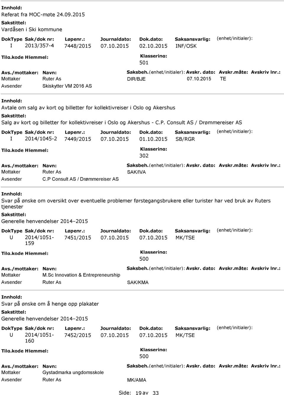 Consult AS / Drømmereiser AS 2014/1045-2 7449/2015 01.10.2015 SB/RGR Avs./mottaker: Navn: Saksbeh. Avskr. dato: Avskr.måte: Avskriv lnr.: SAK/VA C.