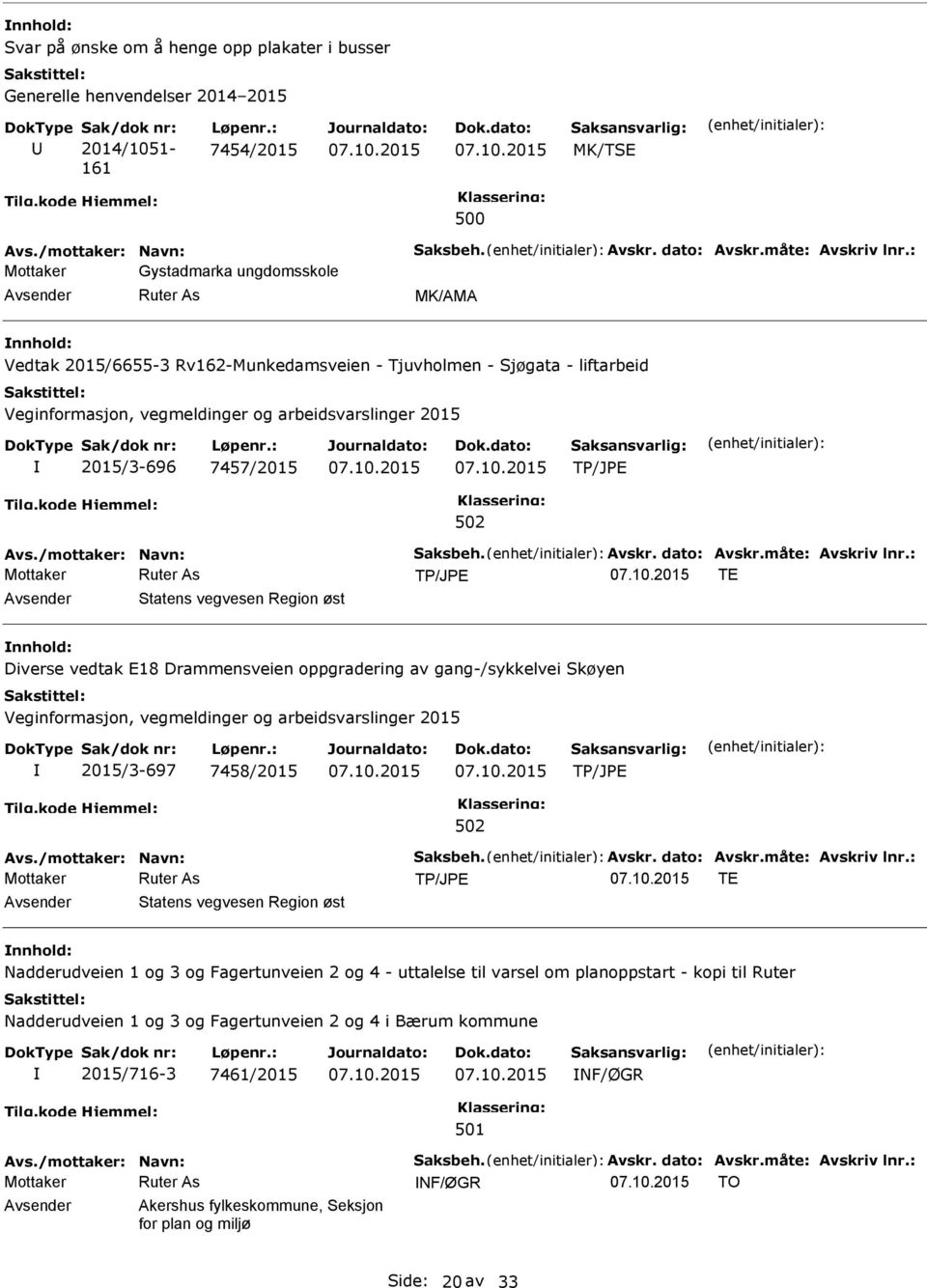 måte: Avskriv lnr.: TE Statens vegvesen Region øst Diverse vedtak E18 Drammensveien oppgradering av gang-/sykkelvei Skøyen 2015/3-697 7458/2015 Avs./mottaker: Navn: Saksbeh. Avskr. dato: Avskr.