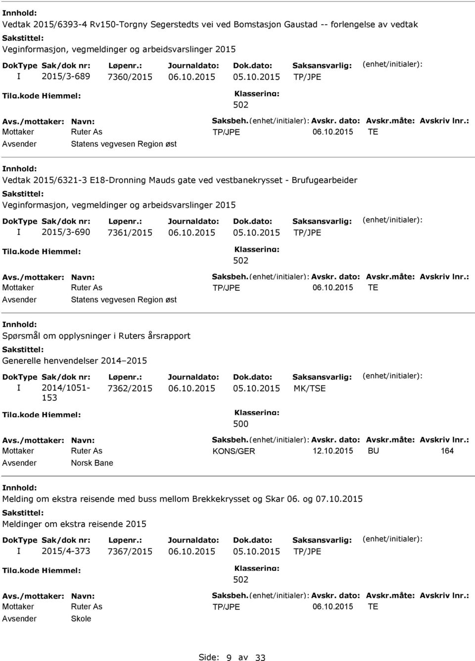 måte: Avskriv lnr.: TE Statens vegvesen Region øst Spørsmål om opplysninger i Ruters årsrapport Generelle henvendelser 2014 2015 2014/1051-153 7362/2015 MK/TSE 500 Avs./mottaker: Navn: Saksbeh. Avskr. dato: Avskr.