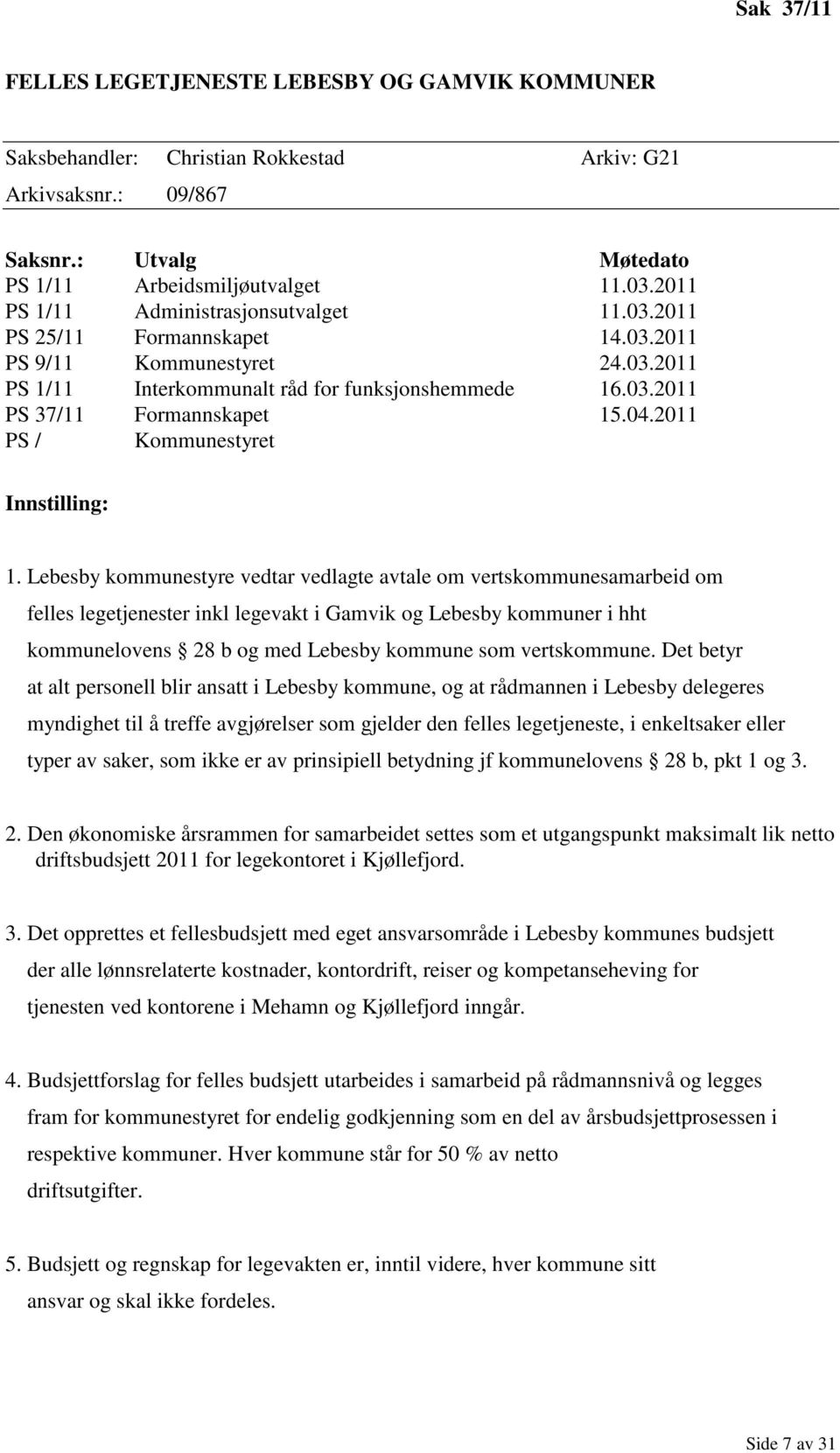 04.2011 PS / Kommunestyret Innstilling: 1.