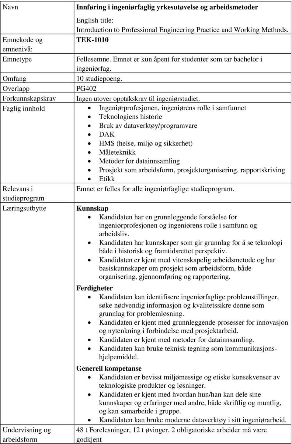 Overlapp PG402 Forkunnskapskrav Ingen utover opptakskrav til ingeniørstudiet.