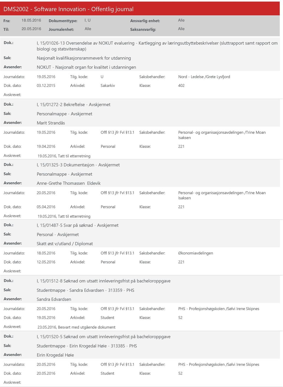 2015 402 I, 15/01272-2 Bekreftelse - Avskjermet Marit Strandås Personal- og organisasjonsavdelingen /Trine Moan Isaksen 19.04.2016 Personal 19.05.