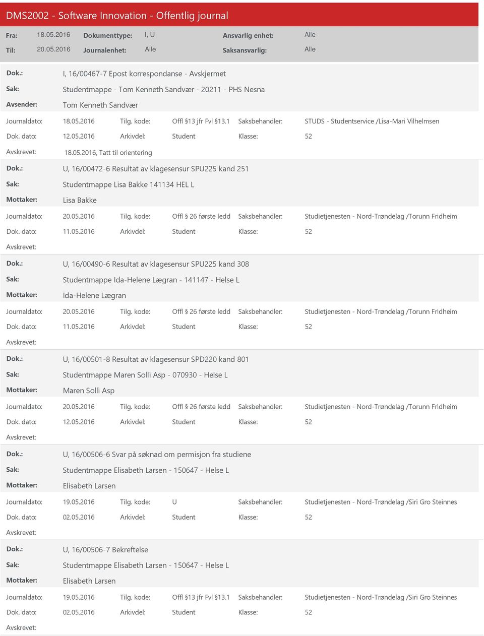 2016 Student, 16/00490-6 Resultat av klagesensur SP225 kand 308 Studentmappe Ida-Helene Lægran - 141147 - Helse L Ida-Helene Lægran Studietjenesten - Nord-Trøndelag /Torunn Fridheim 11.05.