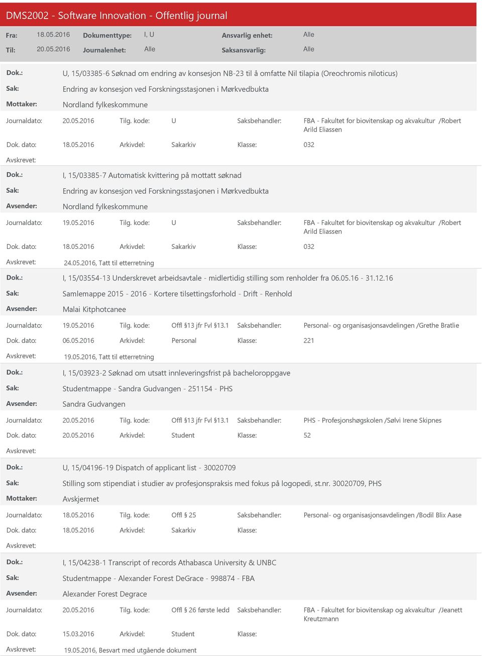 - Fakultet for biovitenskap og akvakultur /Robert Arild Eliassen 032 24.05.2016, Tatt til etterretning I, 15/03554-13 nderskrevet arbeidsavtale - midlertidig stilling som renholder fra 06.05.16-31.12.