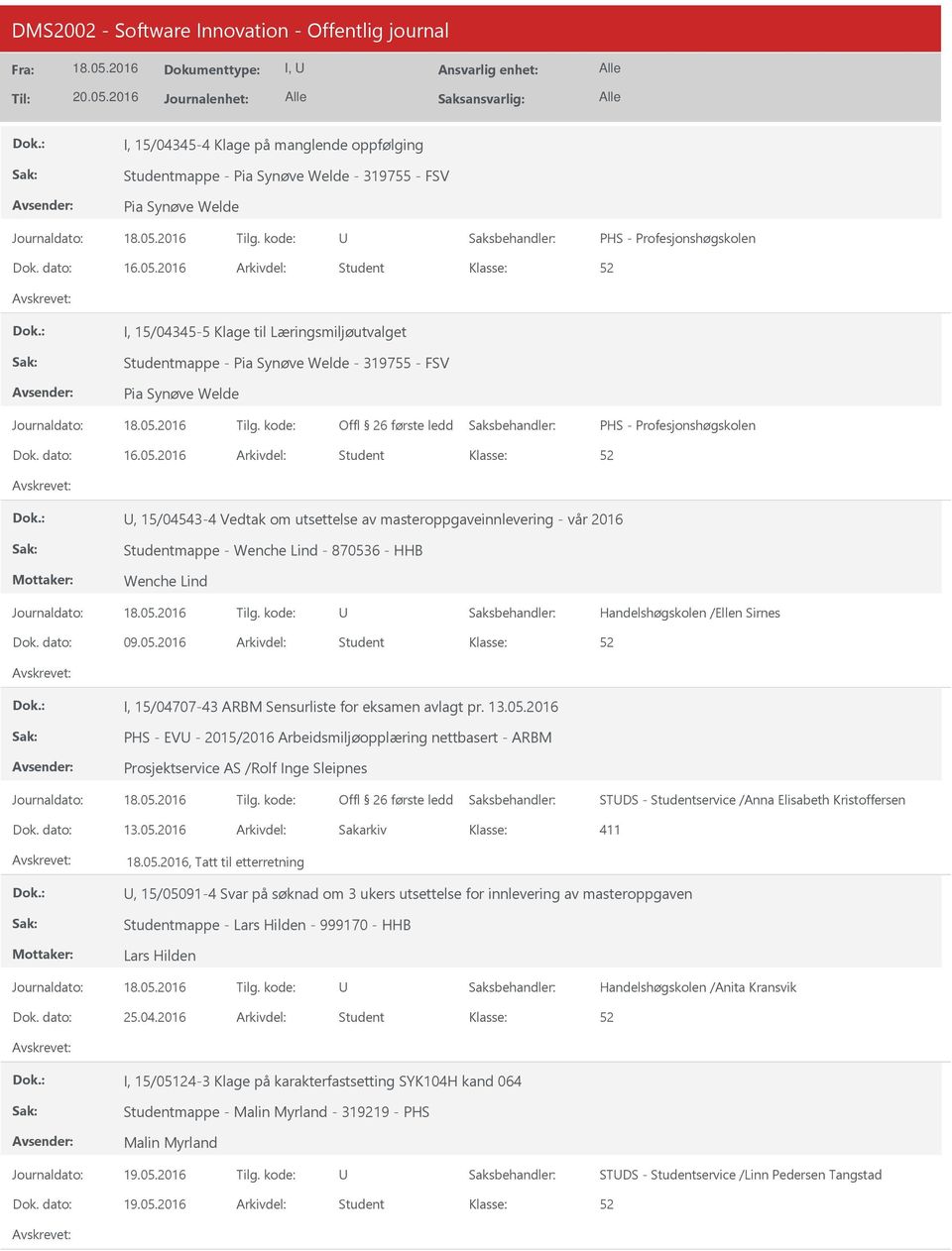 2016 Student, 15/04543-4 Vedtak om utsettelse av masteroppgaveinnlevering - vår 2016 Studentmappe - Wenche Lind - 870536 - HHB Wenche Lind Handelshøgskolen /Ellen Sirnes 09.05.2016 Student I, 15/04707-43 ARBM Sensurliste for eksamen avlagt pr.