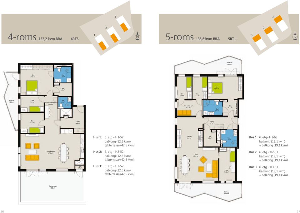 6 m² Hus 1: H1-63 balkong (19,1 kvm) + balkong (19,1 kvm) Stue/ kjøkken 47.8 m² 0.