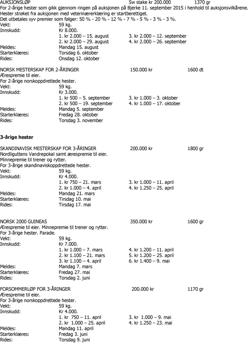kr 2.000 12. september 2. kr 2.000 29. august 4. kr 2.000 26. september Mandag 15. august Torsdag 6. oktober Onsdag 12. oktober NORSK MESTERSKAP FOR 2-ÅRINGER 150.000 kr 1600 dt Ærespremie til eier.