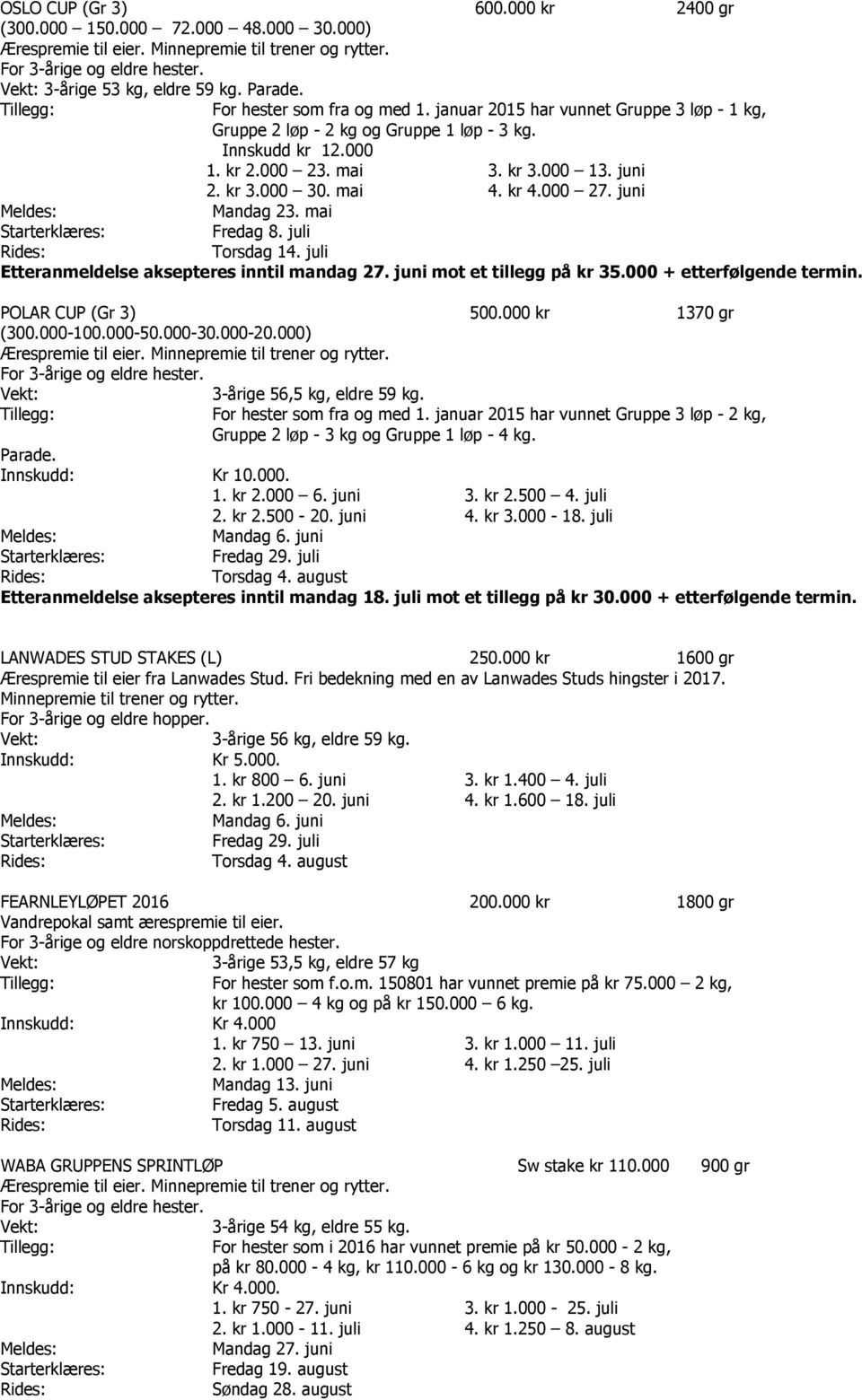 mai Fredag 8. juli Torsdag 14. juli Etteranmeldelse aksepteres inntil mandag 27. juni mot et tillegg på kr 35.000 + etterfølgende termin. POLAR CUP (Gr 3) 500.000 kr 1370 gr (300.000-100.000-50.