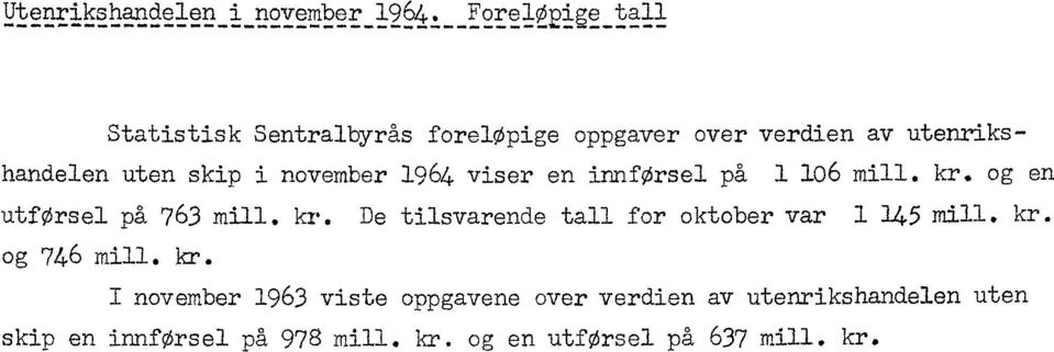 november 1964 viser en innførsel på I 106 mill. kr. og en atforsel på 763 mill. kr. De tilsvarende tall for oktober var i 145 mill.