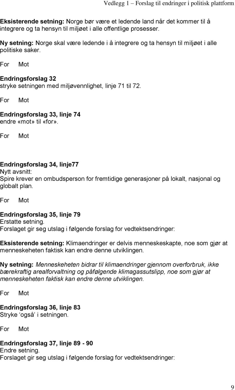 Endringsforslag 33, linje 74 endre «mot» til «for». Endringsforslag 34, linje77 Nytt avsnitt: Spire krever en ombudsperson for fremtidige generasjoner på lokalt, nasjonal og globalt plan.