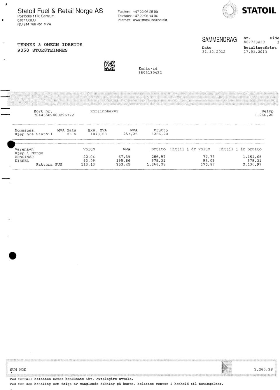 kortinnhaver 70443509800296772 Beløp 1.266,28 Momsspes. MVA Sats Eks.